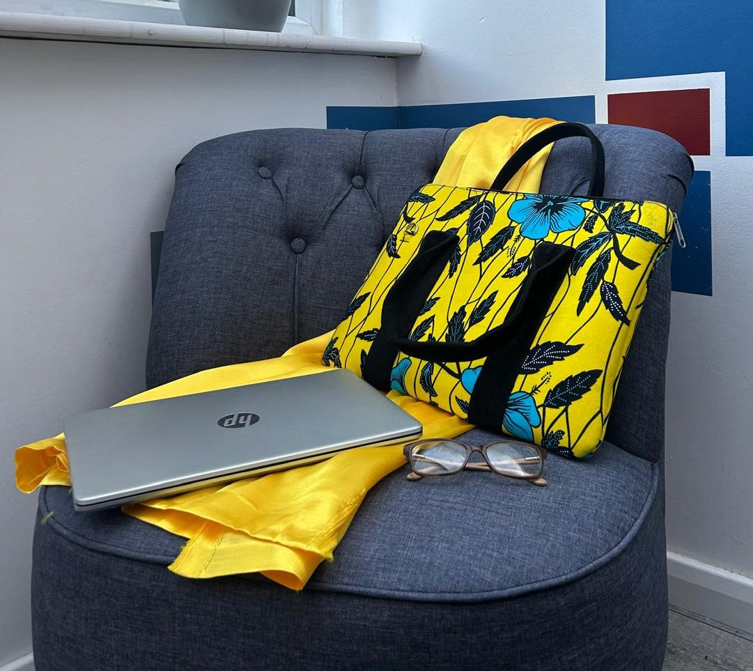 African Laptop Bag - Yellow/Blue Flowers