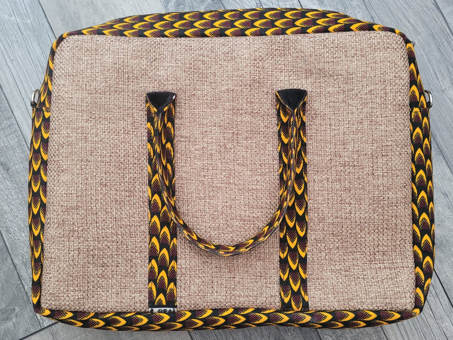 African Laptop Bag - Beige Raffia/Yellow Fish